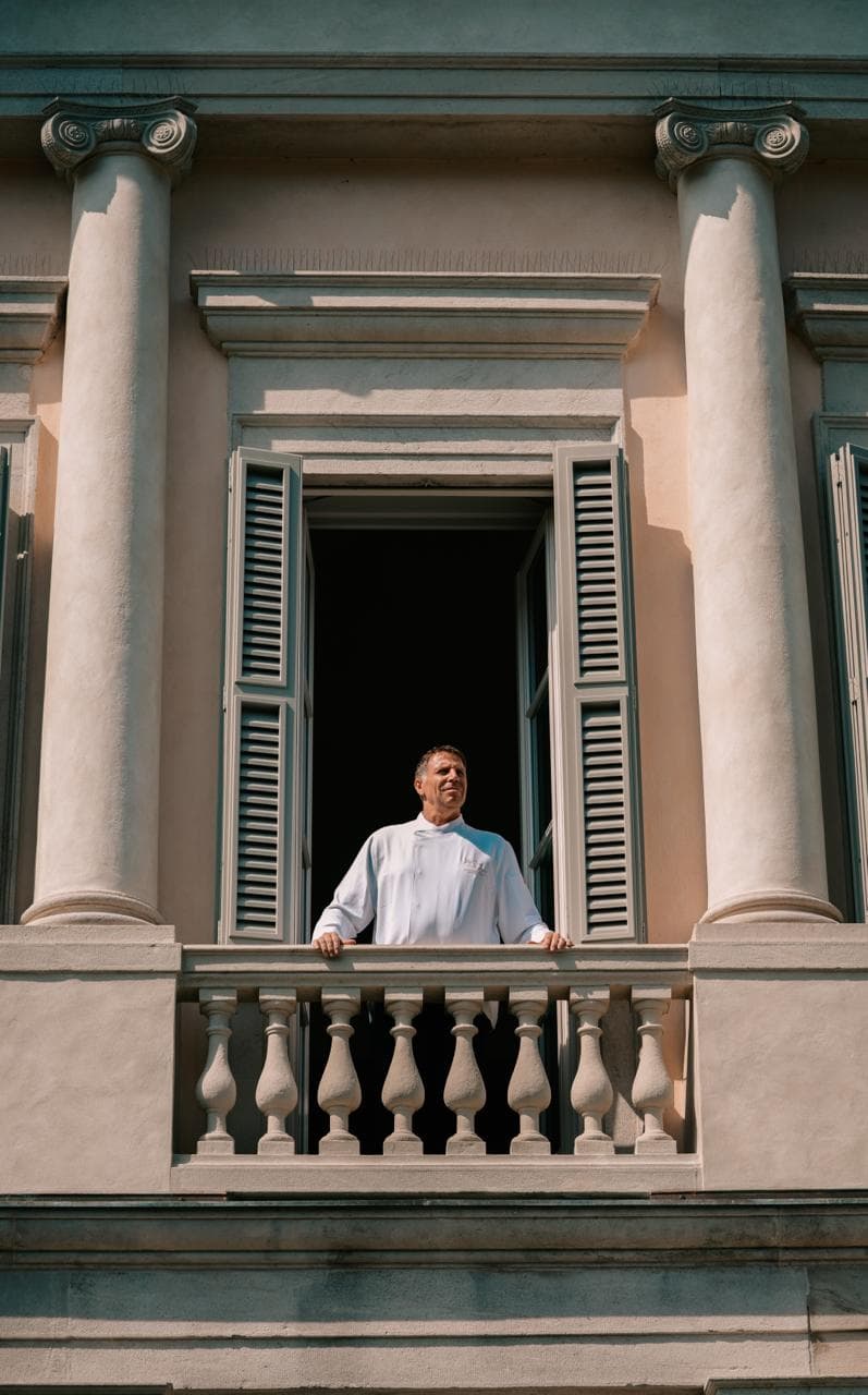 Terry Giacomello sul balcone di una villa storica sul Lago di Como